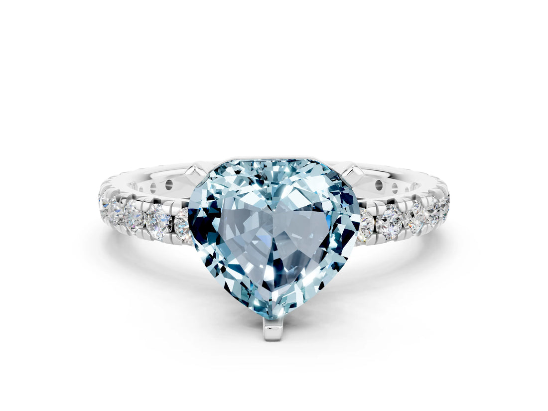 Platinum Heart Cut Aquamarine Pavé Solitaire Ring with Round Band and Prong Setting_72
