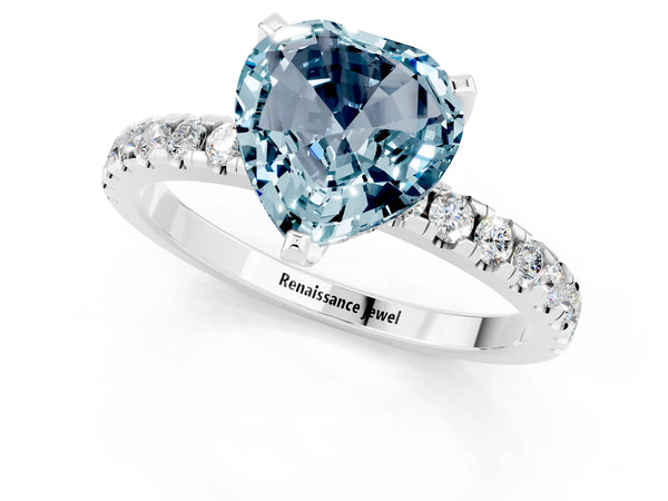 Platinum Heart Cut Aquamarine Solitaire Ring with Round Pavé Band and Four-Prong Setting