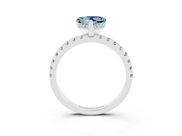 Platinum Heart Cut Aquamarine Solitaire Ring with Round Pavé Band and Four-Prong Setting