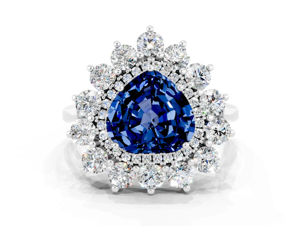 Platinum Heart Cut Blue Sapphire Floral Double Halo Engagement Ring with Prong Setting