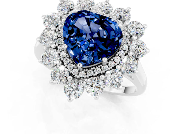 Platinum Heart Cut Blue Sapphire Floral Double Halo Engagement Ring with Prong Setting