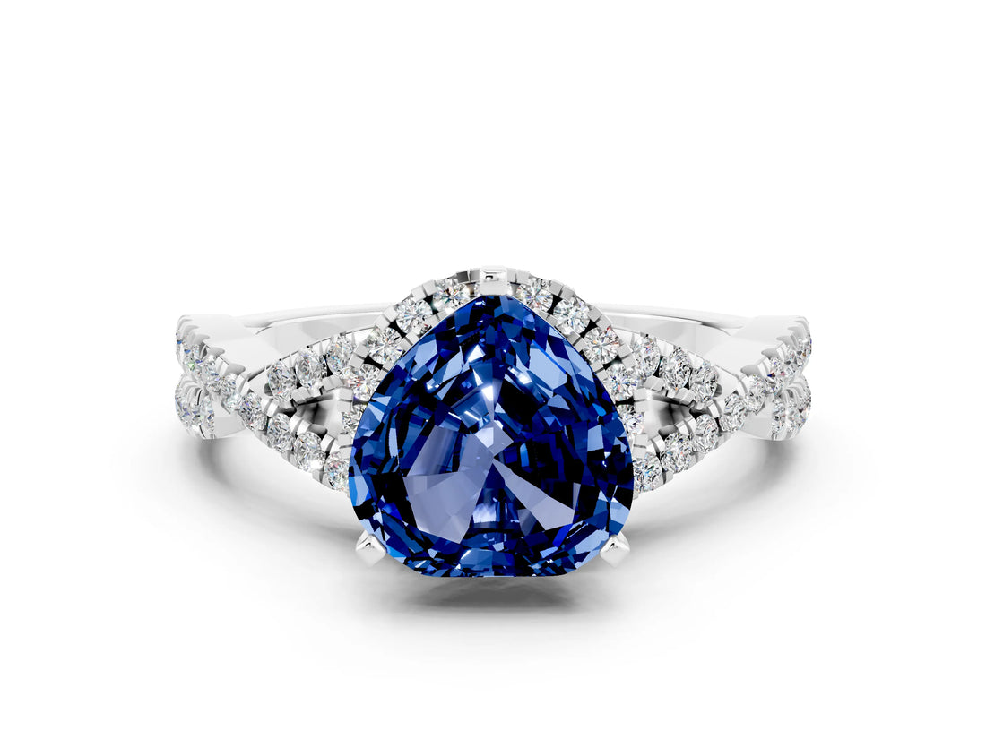 Platinum Heart Cut Blue Sapphire  Halo Twist Band Solitaire Prong Setting Ring_12