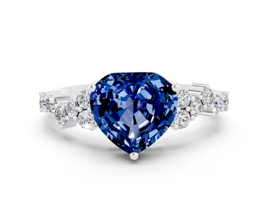 Platinum Heart Cut Blue Sapphire Scattered Round Accent Ring with Prong Setting_30
