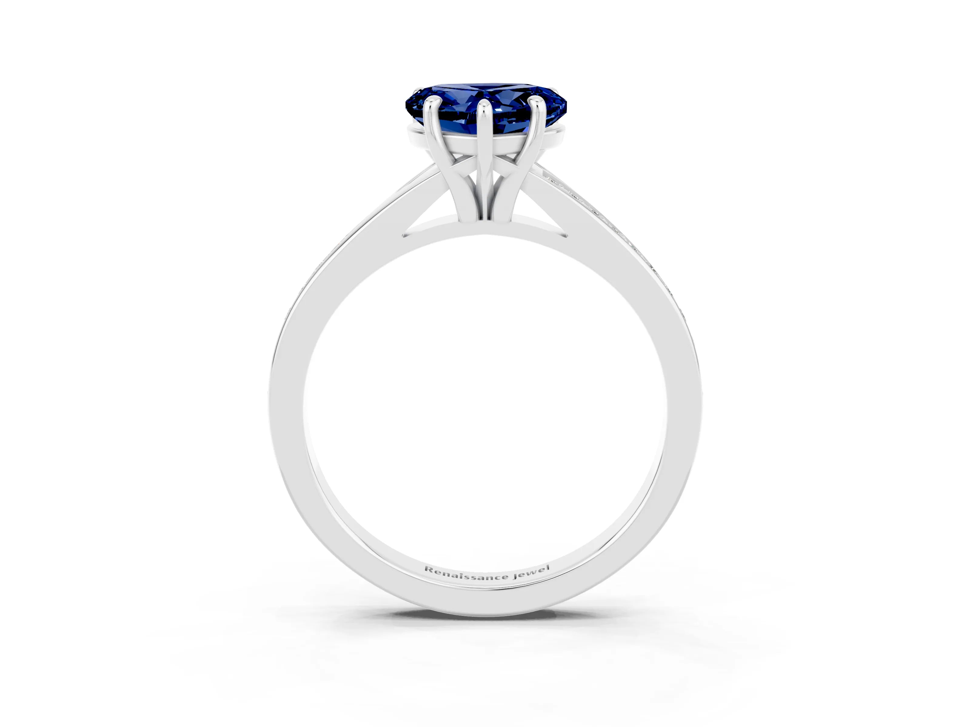 Platinum Heart Cut Blue Sapphire Solitaire Ring with Pavé Band and Prong Setting_15