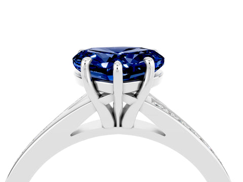 Platinum Heart Cut Blue Sapphire Solitaire Ring with Pavé Band and Prong Setting_16
