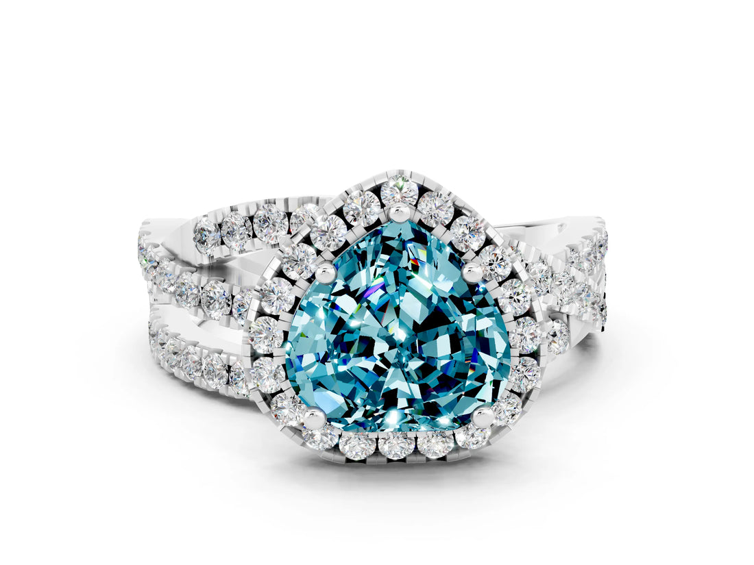 Platinum Heart Cut Blue Topaz Halo Ring with Round Split Shank and Prong Setting_66