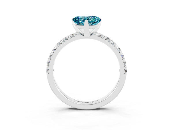 Platinum Heart Cut Blue Topaz Solitaire Pavé Engagement Ring with Round Band and Prong Setting