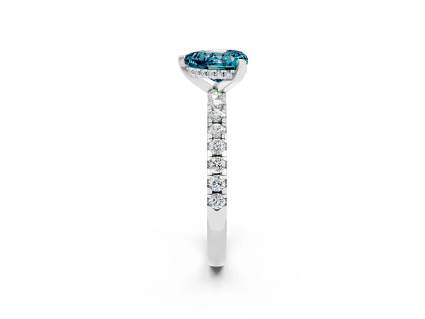 Platinum Heart Cut Blue Topaz Solitaire Ring with Round Pavé Band and Four-Prong Setting