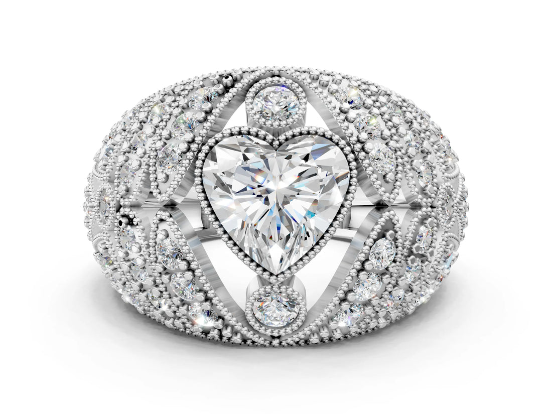 Platinum Heart Cut Brilliant Halo Pave Diamond Milgrain Ring_13