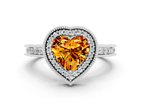 Platinum Heart Cut Citrine Milgrain Halo Engagement Ring with Round Pavé Band and Prong Setting