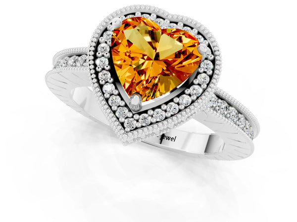 Platinum Heart Cut Citrine Milgrain Halo Engagement Ring with Round Pavé Band and Prong Setting