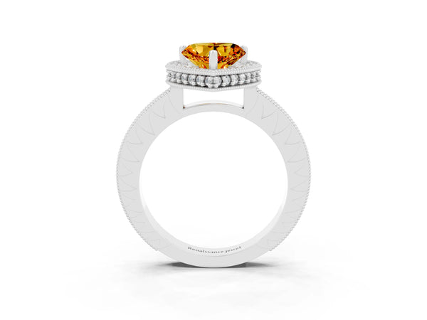 Platinum Heart Cut Citrine Milgrain Halo Engagement Ring with Round Pavé Band and Prong Setting