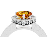 Platinum Heart Cut Citrine Milgrain Halo Engagement Ring with Round Pavé Band and Prong Setting_16