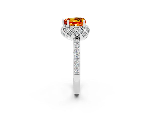 Platinum Heart Cut Citrine Scalloped Halo Engagement Ring with Round Shared Prong Band