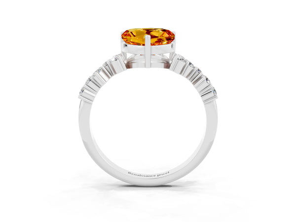 Platinum Heart Cut Citrine Scattered Round Accent Ring with Prong Setting