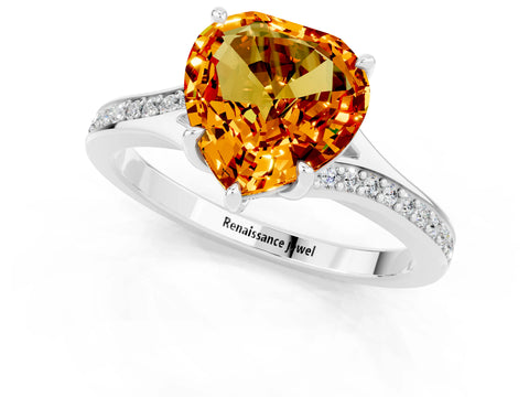 Platinum Heart Cut Citrine Solitaire Ring with Pavé Band and Prong Setting_13
