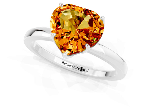 Platinum Heart Cut Citrine Solitaire Ring with Thin Band and Prong Setting