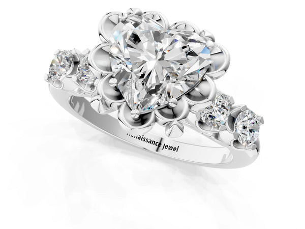 Platinum Heart-Shaped Floral Engagement Ring Setting with Polished Petal Frame and Side Accents