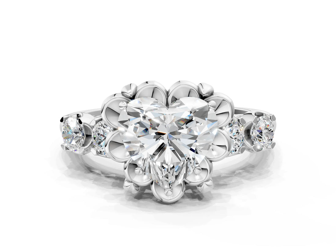 Platinum Heart Cut Diamond Floral Halo Engagement Ring with Shared Prong Setting