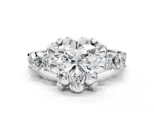 Platinum Heart-Shaped Floral Engagement Ring Setting with Polished Petal Frame and Side Accents