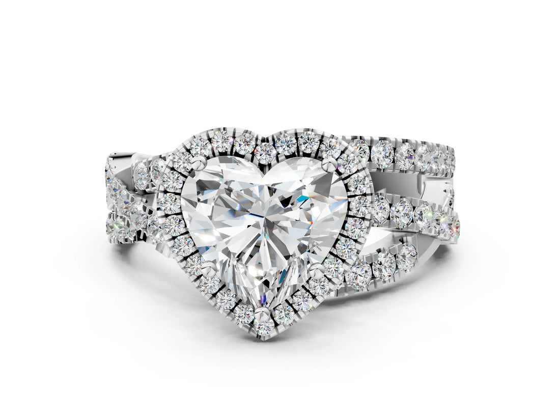 Platinum Heart Cut Diamond Halo Ring with Round Split Shank and Prong Setting