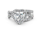 Platinum Heart Cut Diamond Halo Ring with Round Split Shank and Prong Setting