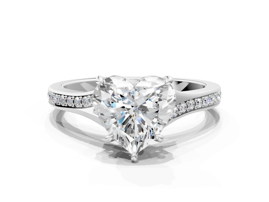 Platinum Heart Cut Diamond Solitaire Ring with Pavé Band and Prong Setting_28