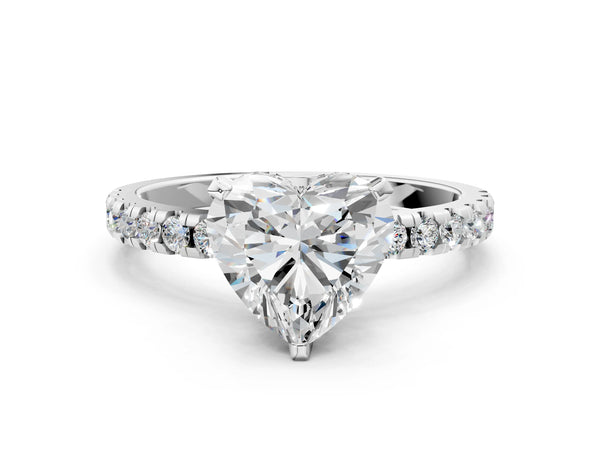 Platinum 1.53 Carat F VS1 Heart Diamond Solitaire Ring with Round Pavé Band and Four-Prong Setting