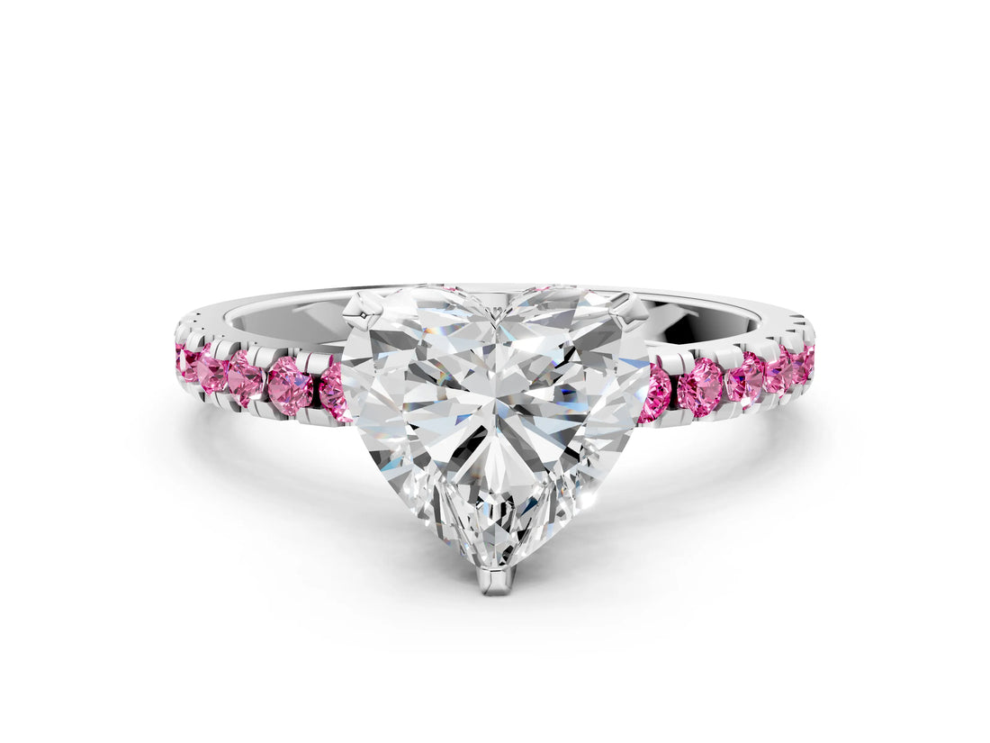 Platinum Heart Cut Diamond Solitaire Ring with Round with Pink Sapphire side stone Pavé Band and Four-Prong Setting_12