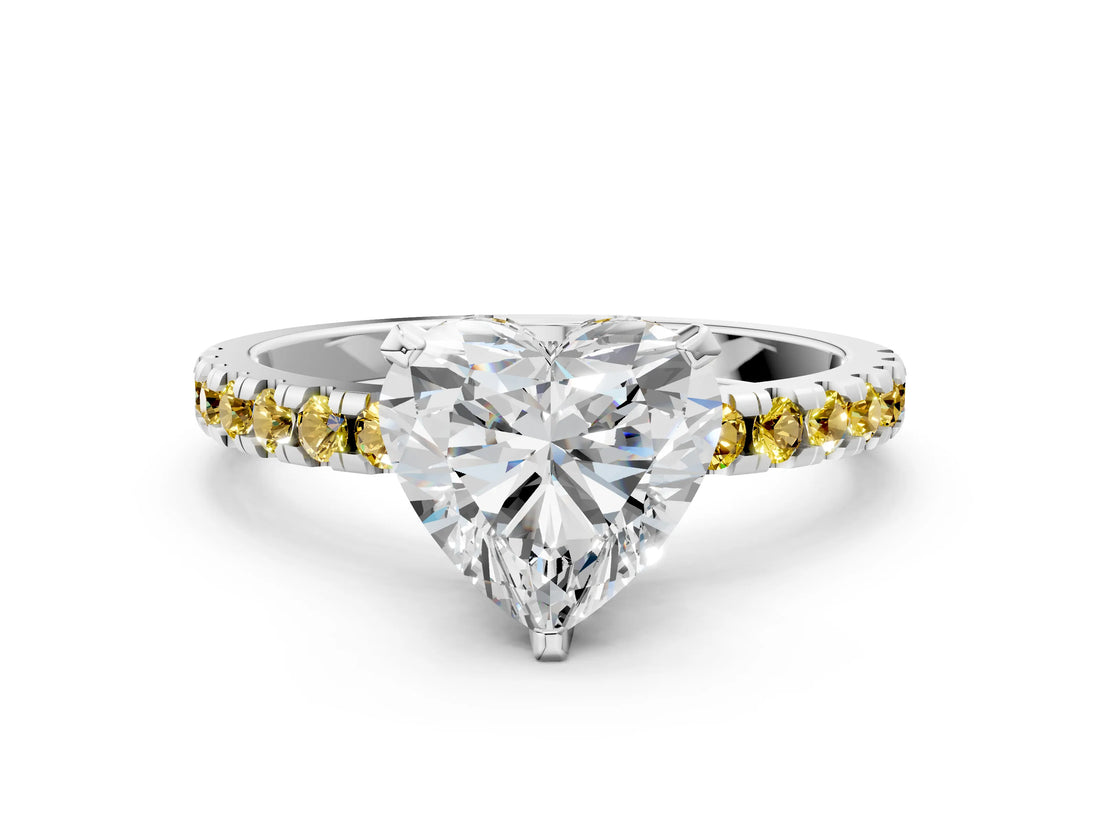 Platinum Heart Cut Diamond Solitaire Ring with Round with Yellow Sapphire side stone Pavé Band and Four-Prong Setting_12