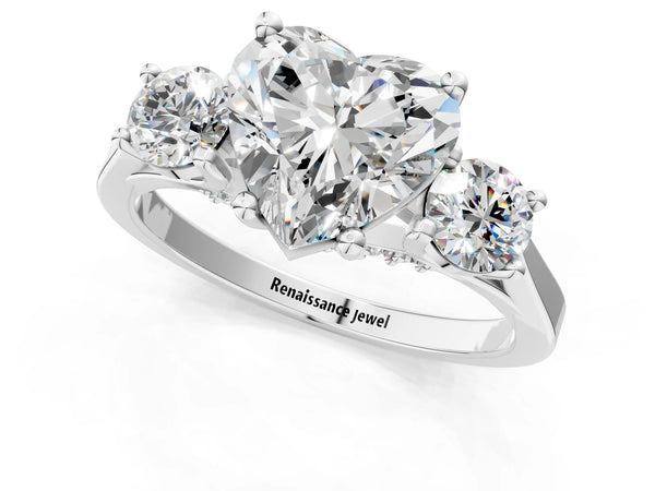 Platinum Heart Cut Diamond Three-Stone Engagement Ring with Prong Setting and Pavé Band