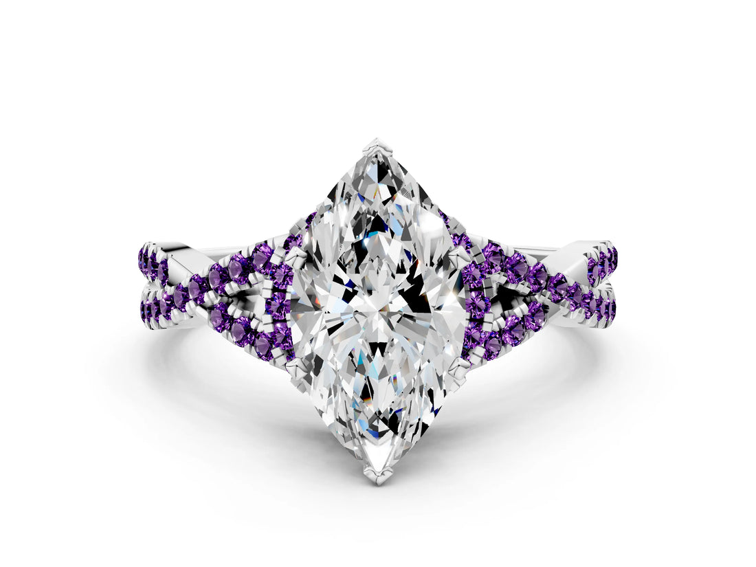 Platinum Heart Cut Diamond with Amethyst side stone Halo Twist Band Solitaire Prong Setting Ring