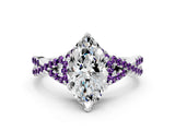 Platinum Heart Cut Diamond with Amethyst side stone Halo Twist Band Solitaire Prong Setting Ring