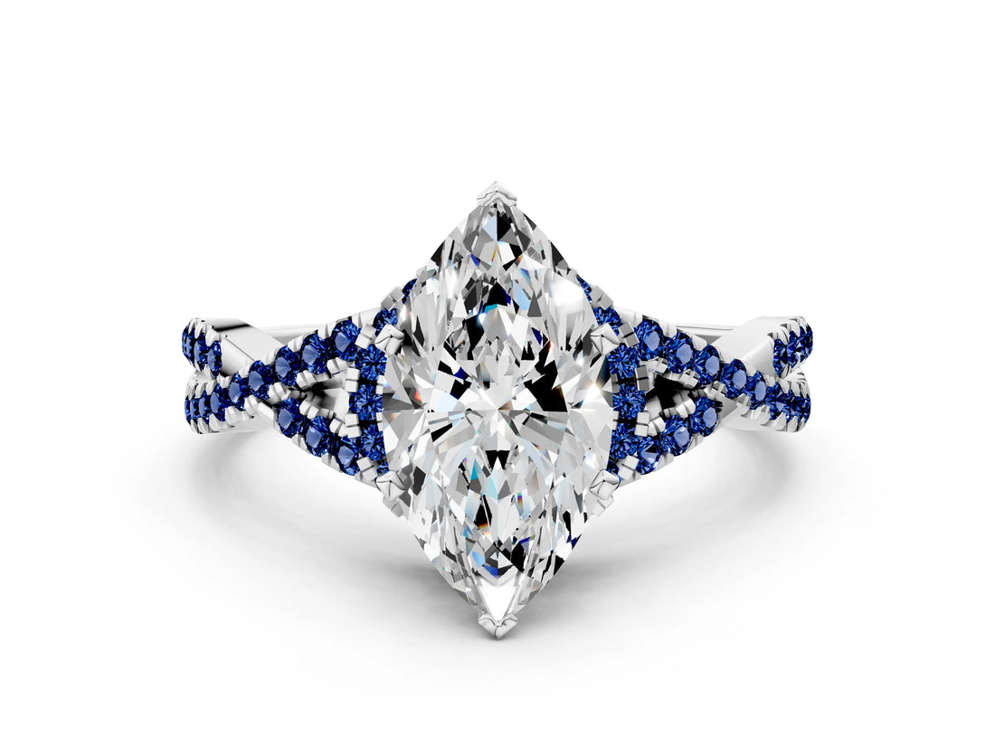Platinum Heart Cut Diamond with Blue Sapphire side stone Halo Twist Band Solitaire Prong Setting Ring