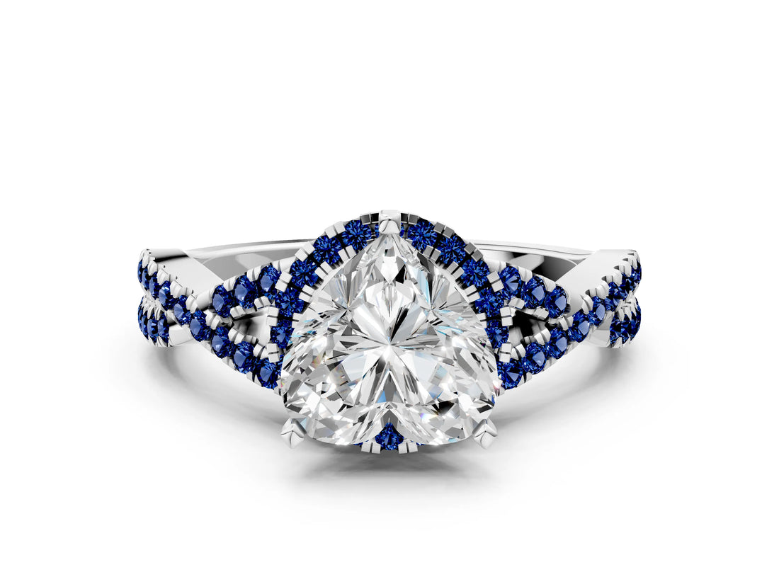 Platinum Heart Cut Diamond with Blue Sapphire side stone Halo Twist Band Solitaire Prong Setting Ring_18