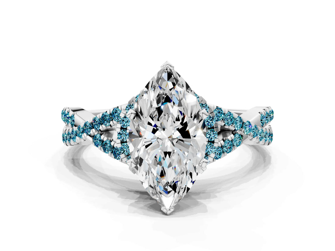 Platinum Heart Cut Diamond with Blue Topaz side stone Halo Twist Band Solitaire Prong Setting Ring