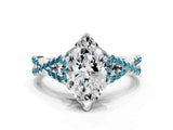 Platinum Heart Cut Diamond with Blue Topaz side stone Halo Twist Band Solitaire Prong Setting Ring