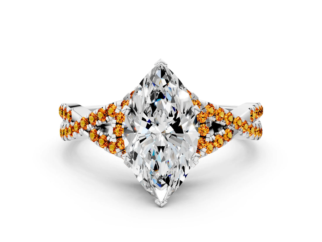 Platinum Heart Cut Diamond with Citrine side stone Halo Twist Band Solitaire Prong Setting Ring