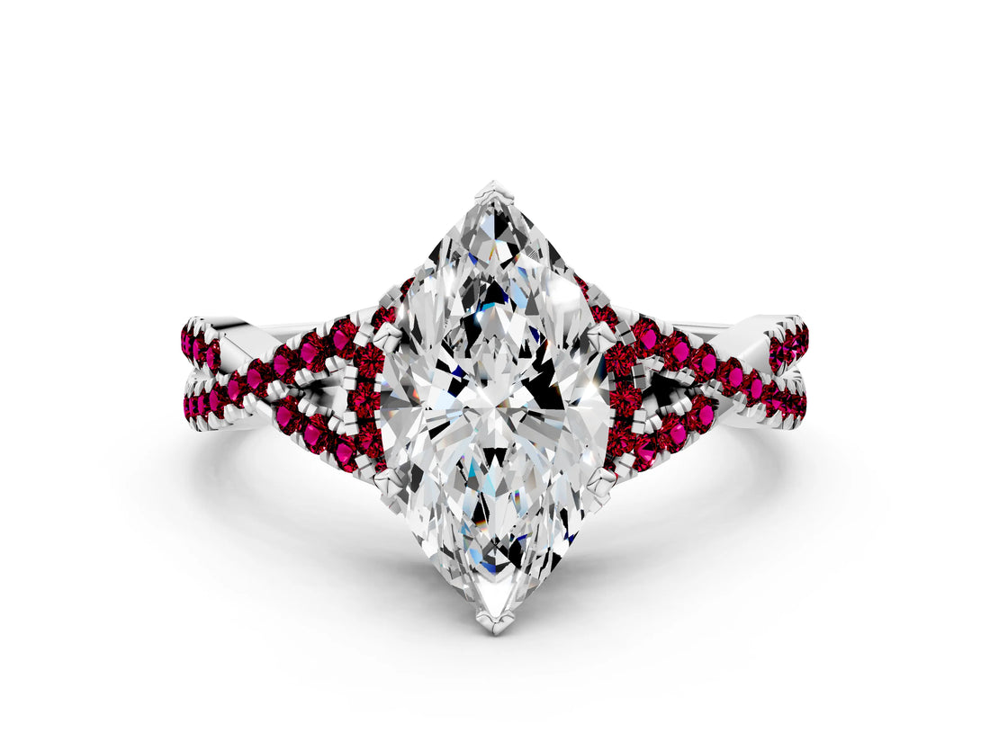 Platinum Heart Cut Diamond with Garnet side stone Halo Twist Band Solitaire Prong Setting Ring