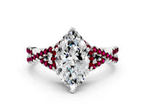 Platinum Heart Cut Diamond with Garnet side stone Halo Twist Band Solitaire Prong Setting Ring