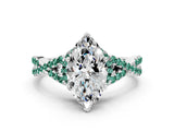 Platinum Heart Cut Diamond with Green Sapphire side stone Halo Twist Band Solitaire Prong Setting Ring