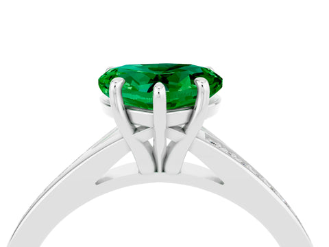 Platinum Heart Cut Emerald Solitaire Ring with Pavé Band and Prong Setting_16