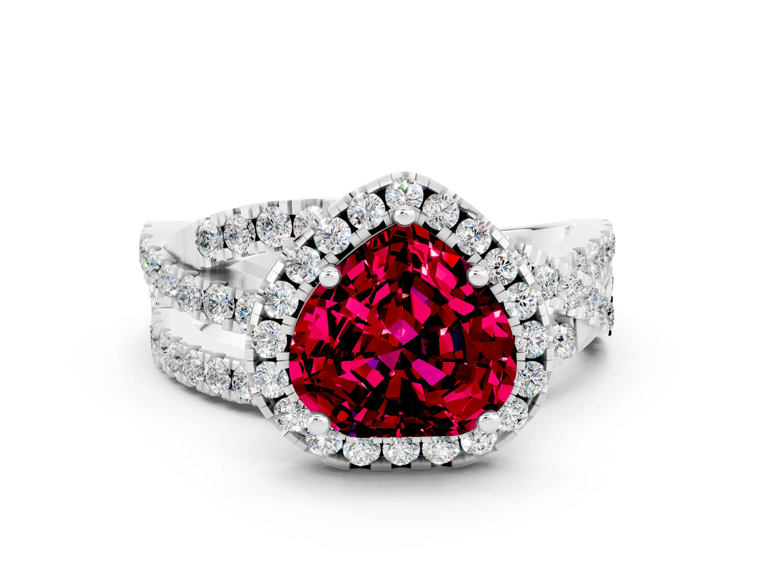 Platinum Heart Cut Garnet Halo Ring with Round Split Shank and Prong Setting_66