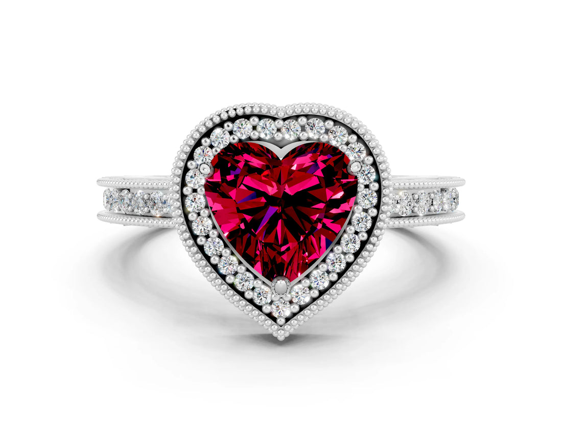 Platinum Heart Cut Garnet Milgrain Halo Engagement Ring with Round Pavé Band and Prong Setting_12