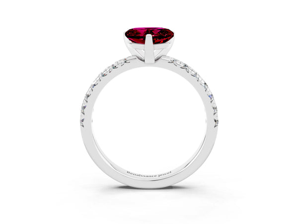 Platinum Heart Cut Garnet Solitaire Pavé Engagement Ring with Round Band and Prong Setting