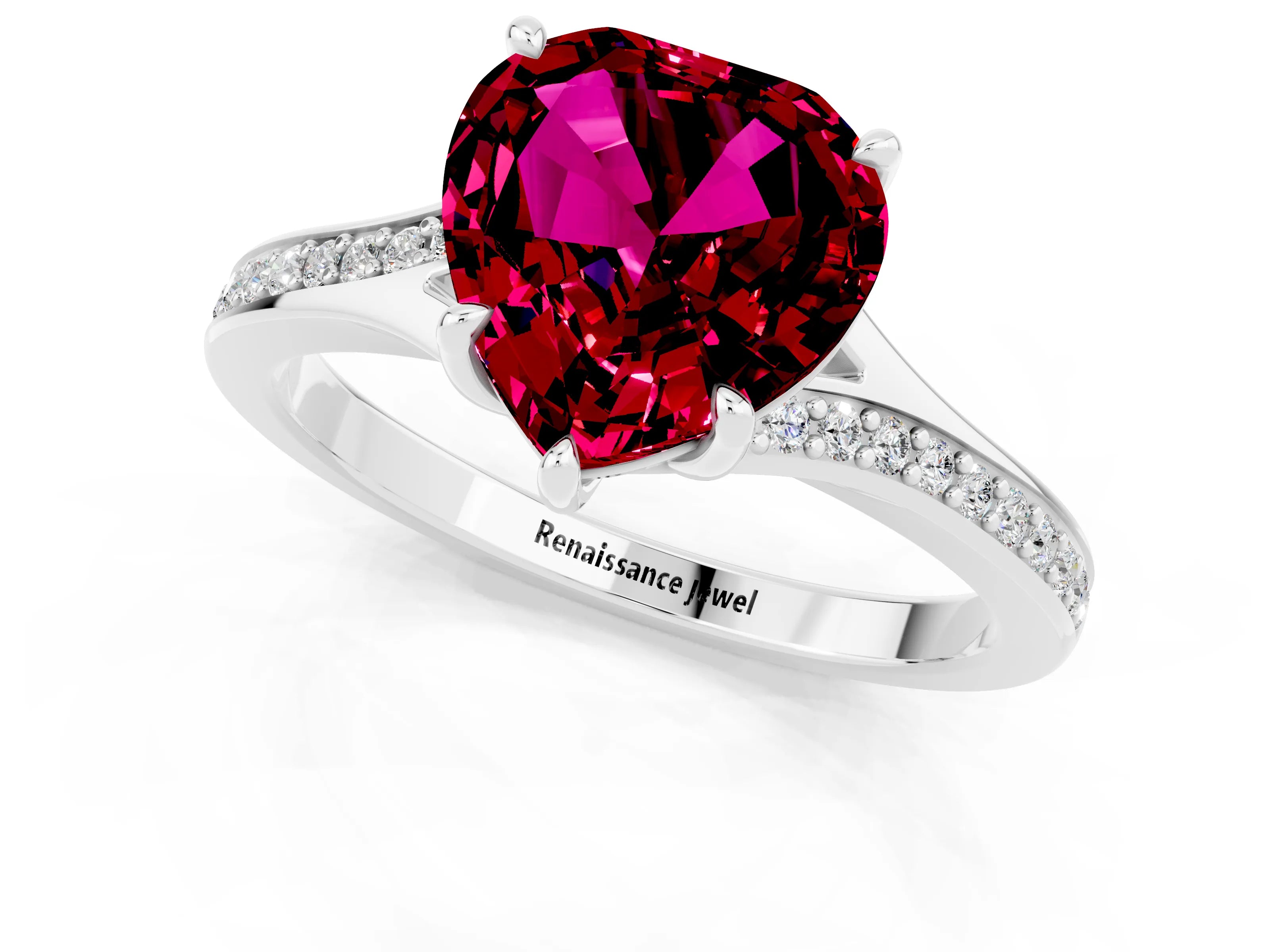 Platinum Heart Cut Garnet Solitaire Ring with Pavé Band and Prong Setting_13