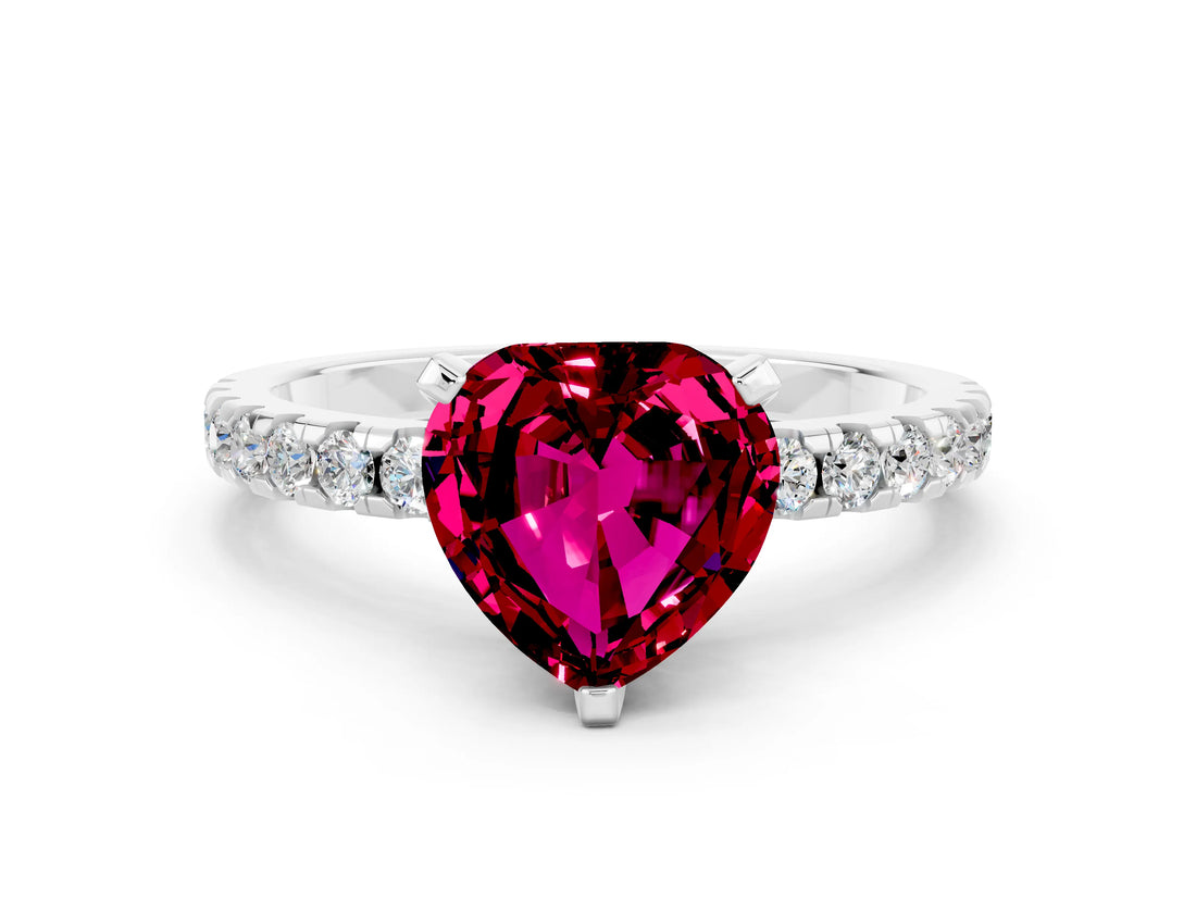 Platinum Heart Cut Garnet Solitaire Ring with Round  Pavé Band and Four-Prong Setting_24