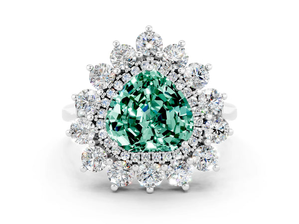 Platinum Heart Cut Green Sapphire Floral Double Halo Engagement Ring with Prong Setting