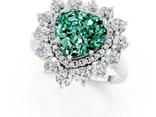 Platinum Heart Cut Green Sapphire Floral Double Halo Engagement Ring with Prong Setting