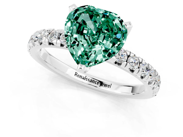 Platinum Heart Cut Green Sapphire Solitaire Pavé Engagement Ring with Round Band and Prong Setting